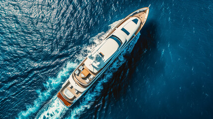 A bird's eye view of a luxury yacht sailing on the calm waters of the sea, exuding the prestige and...