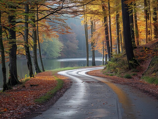 Obraz premium Serene Lakeside Road in Autumn