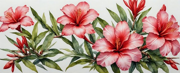 Floral Art Print with Hibiscus Flowers in Desert Rose Design Style