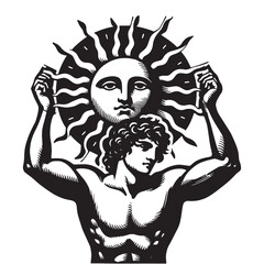 Helios. Sun God. Ancient Greek young man holding the sun.
Vintage vector engraving illustration, print, emblem