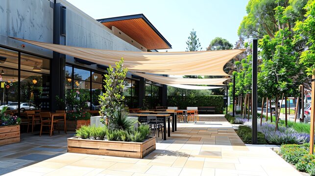 Elegant cantilever pole supporting a large shade sail in a contemporary outdoor cafe setting