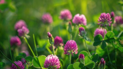 Obraz premium Blossoming clover in thickets of Trifolium pratense amid a summer meadow Blooming red clover flowers in the field