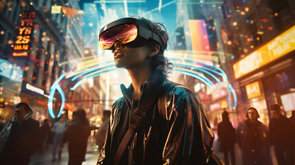 Obraz premium Futuristic Urban Scene with Man Wearing VR Headset and Neon Lights