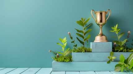 Golden trophy on podium with green plants growing around symbolizing success growth, reward plant recognition
