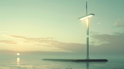 Minimalist cantilever pole with a sleek design, holding a small wind turbine in a green urban project