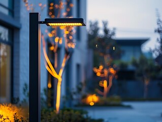 Minimalist cantilever pole with a modern design, supporting a streetlight in an eco-friendly neighborhood