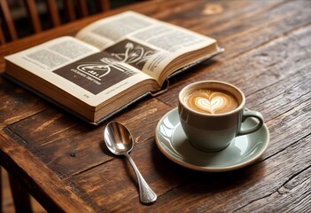 a cup of coffee on the table together with an open book and a spoon