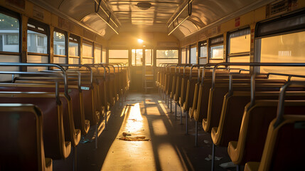 Empty Train Carriage with Vintage Interior and Warm Lighting