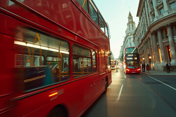 Iconic red double-decker London bus driving through the city streets