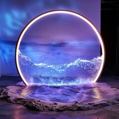 Green and Blue Neon Light with Tropical Leaves in the middle of the circle is water,