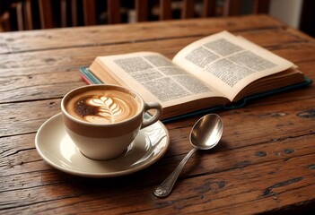 a cup of coffee on the table together with an open book and a spoon
