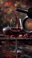 A bottle of wine is poured into a wine glass