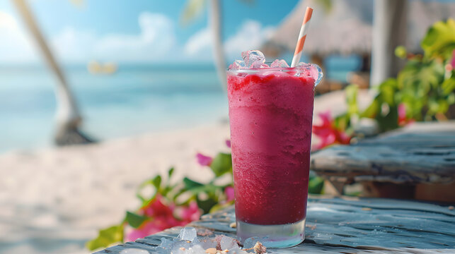 A detailed view of a crimson smoothie with crushed ice resting on a beachside bench. 