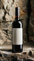 Fototapeta premium A bottle of wine is sitting on a pile of rocks
