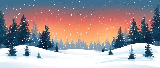 Fototapeta premium Scenic winter landscape with falling snowflakes, pine trees, and a vibrant sunset sky, showcasing the beauty of a snowy forest in the evening.