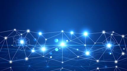 A digital landscape of interconnected blue dots and lines representing a network. with stars in the background 