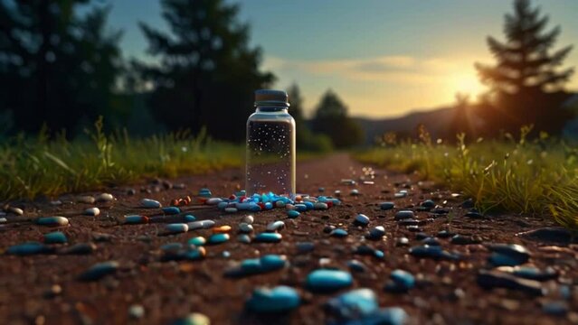 There is a small glass jar on a dirt road. The jar is filled with blue marbles and some marbles have spilled out onto the ground