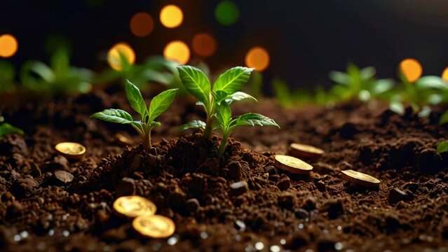 There are three green plants growing out of dark soil. There are gold coins scattered in the soil, and the background is dark with blurry lights.