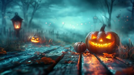 Spooky Halloween night with glowing Jack-o'-lanterns along a foggy, lantern-lit wooden path and eerie trees.
