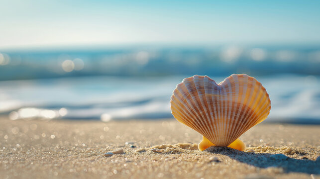 Heart shaped seashel on the sand, ocean beach