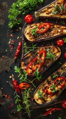 Fototapeta premium Delicious Grilled Eggplant with Spicy Flying Peppers. Food Commercial Menu Banner with Copy Space, Perfect for Picnics, Afternoon Tea, Children's Day Combo, New Year Party, National Day, Team Building