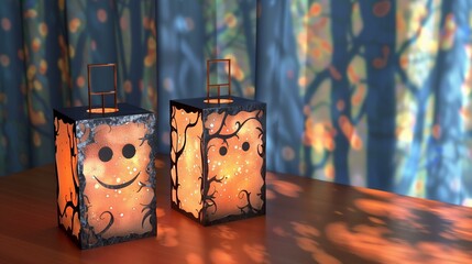 Cute Halloween lanterns with smiling faces casting warm, festive light on a wooden surface.