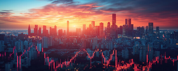 Skyline with financial data superimposed at sunset