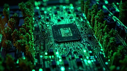 A circuit board with a green CPU in the center, and small green trees growing up in the spaces between the electronic components.