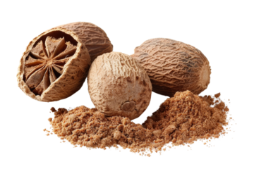 Close-up of Dried Whole and Split Nutmeg Seeds with Ground Nutmeg Powder on White Background