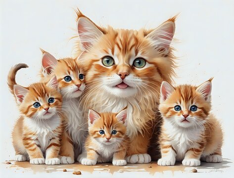 Cute Kitten Family with a Mother Cat in the Background