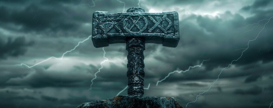 Ancient hammer of thor mjolnir standing on rock with stormy clouds and lightning in background