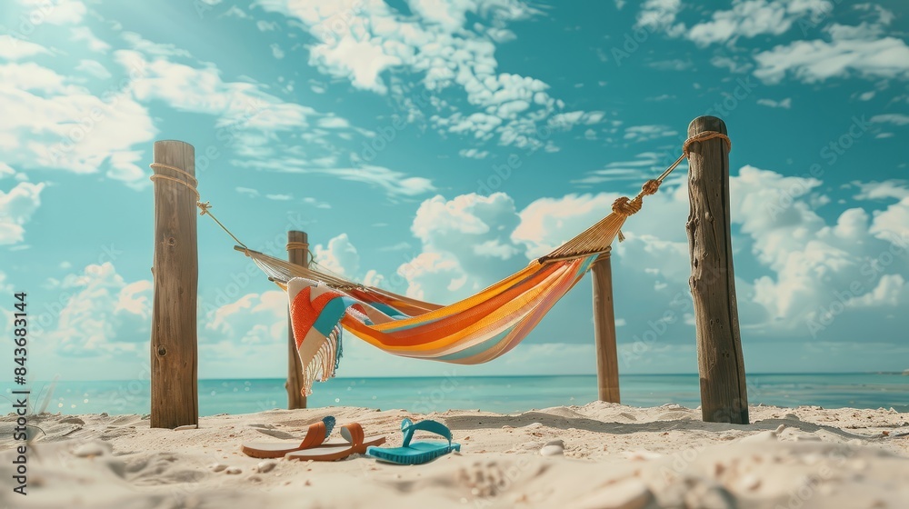 Wall mural A low-angle perspective of a hammock hanging between two wooden posts on a sandy beach. A colorful beach towel is draped over the hammock