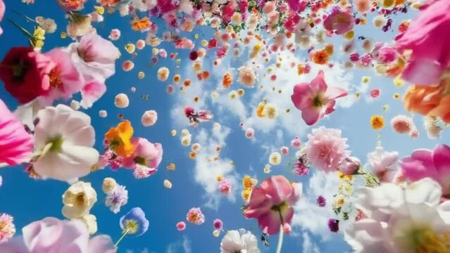 Looking up in the sky with a huge amount of colorful spring flowers cascading down towards the camera