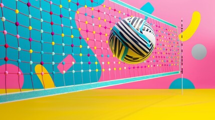 Obraz premium Colorful zebra pattern volleyball flying over the net with abstract background