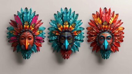 Colorful tribal masks with intricate feather designs on a white background, showcasing rich cultural artistry.