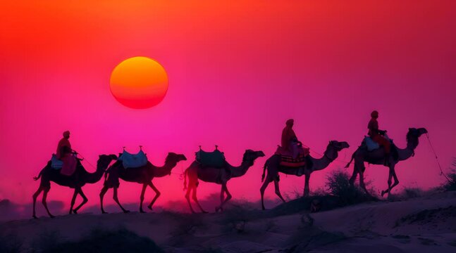 Cameleers, camel Drivers at sunset. Thar desert on sunset Jaisalmer, Rajasthan, India.