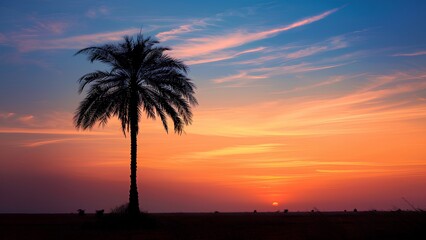 Silhouette of a lone palm tree against a dramatic sunset sky
