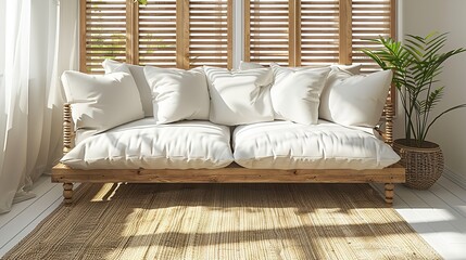 A white cushioned wooden daybed sits in a room with window blinds and a plant