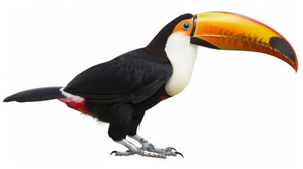 Naklejka premium Elegant toco toucan bird with a vibrant orange beak perched on a white background, displaying its exotic feathers in a close-up side view