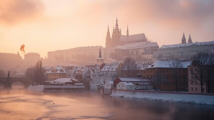 Beautiful historical buildings in winter with snow and fog in Prague city in Czech Republic in Europe.