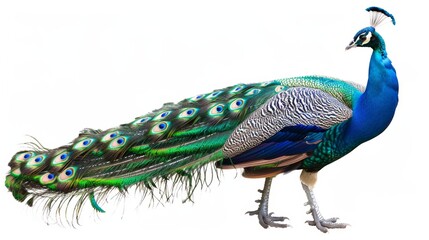 Obraz premium The magnificent peacock flaunts its colorful and shimmering plumage against a pristine backdrop, radiating exotic allure and grace