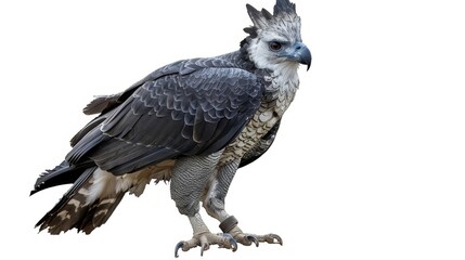Majestic harpy eagle stands proudly on a white background, exuding power and grace with its fierce gaze and impressive talons