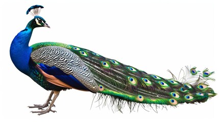 Majestic male peacock flaunts colorful plumage against a white background, exuding elegance and beauty © Shozib