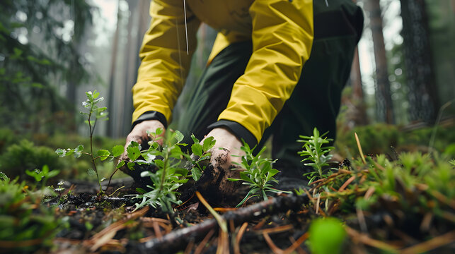 A forester is planting saplings in the forest. with the spring rain nourishing the earth. 