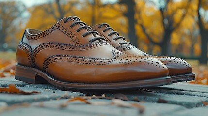 The shoe is brown and made of leather. It has a lace up design and is sitting on a concrete surface.