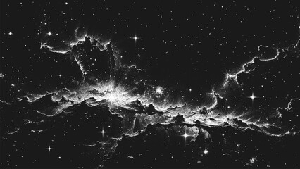 Deep space scene background in stippling style with amazing huge nebula and glowing stars cluster in universe. Retro styled dotwork. Pointillism. Noisy grainy shading using dots. Vector illustration © 3d_kot