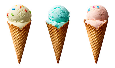 Ice cream cones in three different flavors: vanilla with sprinkles, blue, and pink with sprinkles.