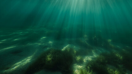 Obraz premium Underwater sun rays with green algae quivering at the bottom of the sea. Landscapes photograph