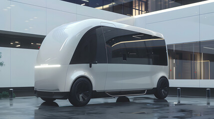A futuristic electric delivery van with an all-white exterior and large windows 