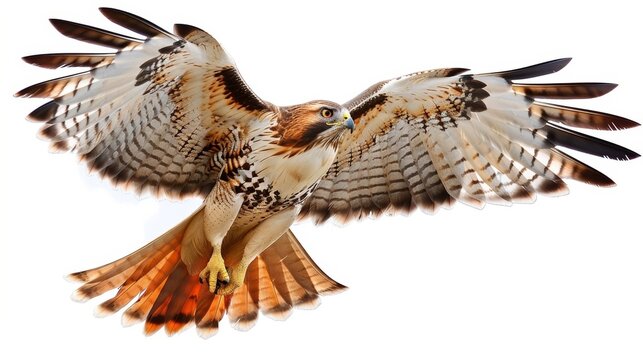 Elegant red-tailed hawk spreads its wings as it soars through the sky, displaying its beauty and power against a stark white backdrop